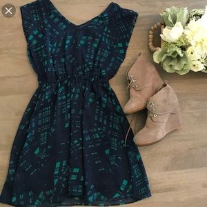 Green and Navy Fit and Flare Dress with Slip